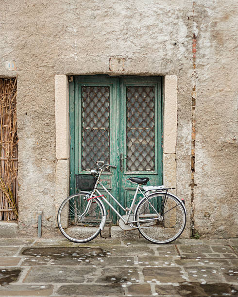 istock Bicycle Leaning Against an Old Green Door 2213484538