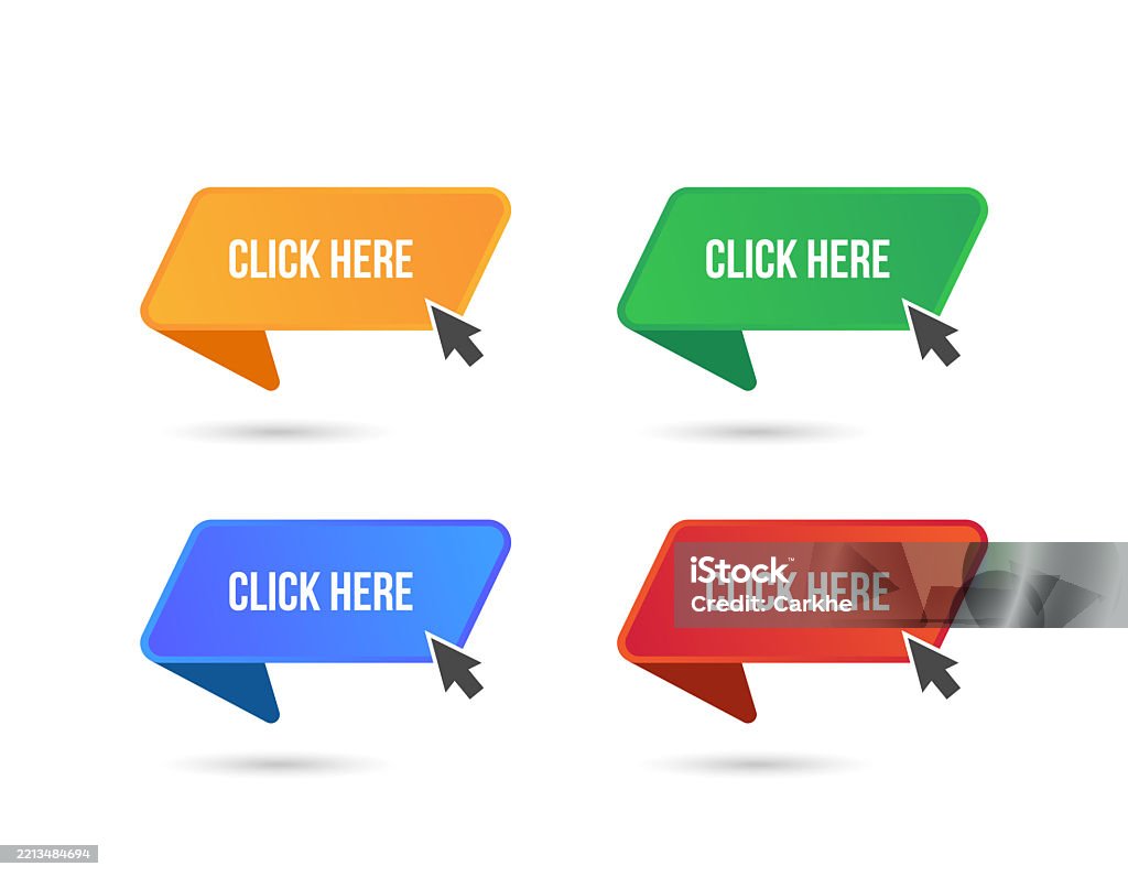 Click Here Web Buttons With Hand Cursor Set Of Action Button With Arrow ...