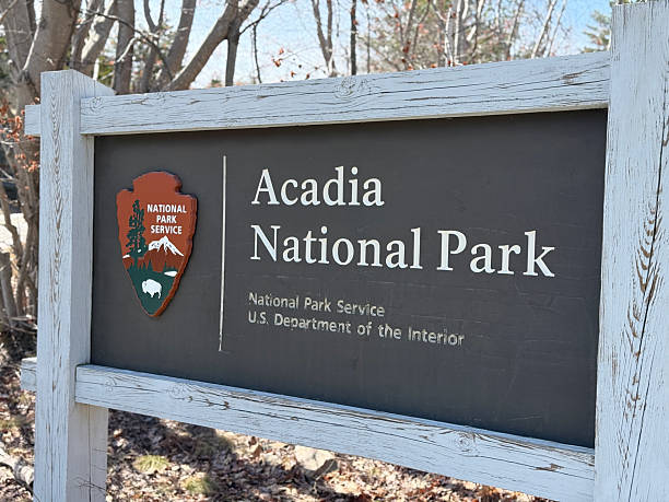 Bar Harbor, Maine, USA-April 25, 2025: Acadia National Park sign with afternoon lights during the spring season.