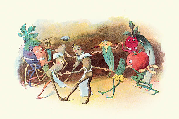 istock Fairy tale, Magical creature, vegetable people holding hands dancing in a circle, The Vege-men's revenge, children's book illustration, Florence K Upton, 1890s 2213489031