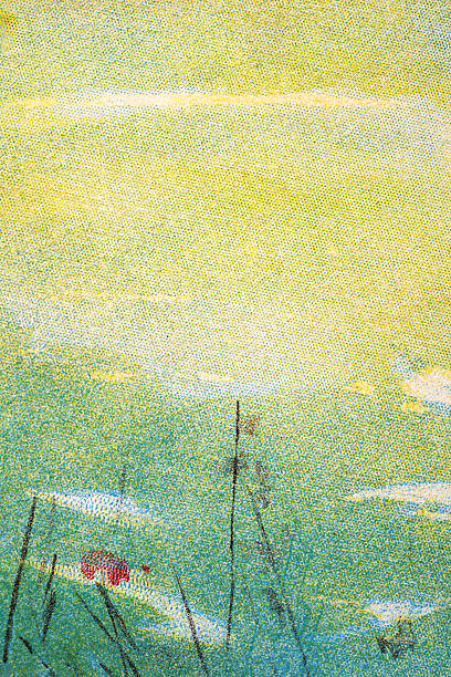 Abstract Landscape, Summer meadow at sunrise with red poppy, Victorian, Vintage illustration