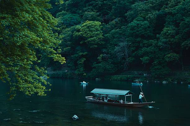 Beautiful boats on Katsura River, Arashiyama, Kyoto, Japan