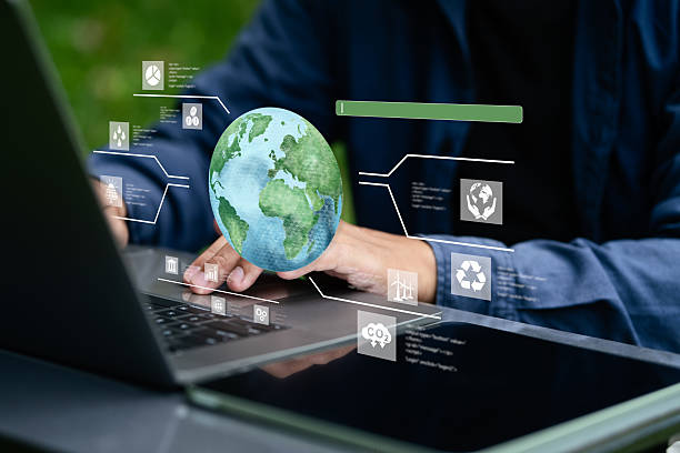istock Businessman using computer to analyze environment. Concept of company working on environment and invest in environment. Environmental analysis, global warming awareness, environmental concern etc. 2213512577