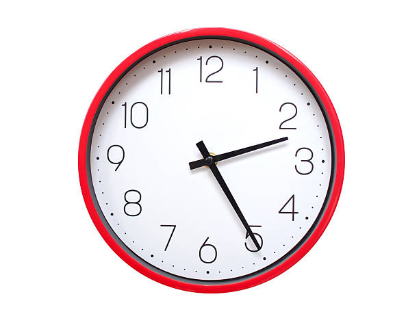 Minimalist red framed wall clock pointing at 02:25 or 14:25. Isolated on white background. Concept of time management.
