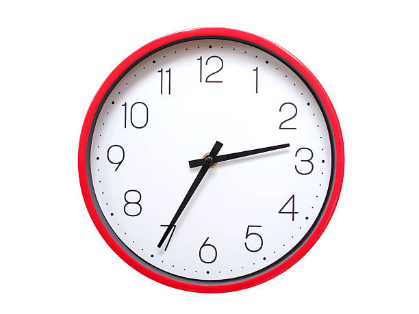 Minimalist red framed wall clock pointing at 02:35 or 14:35. Isolated on white background. Concept of time management.