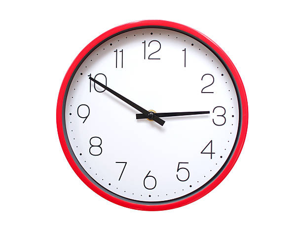 Minimalist red framed wall clock pointing at 02:50 or 14:50. Isolated on white background. Concept of time management.