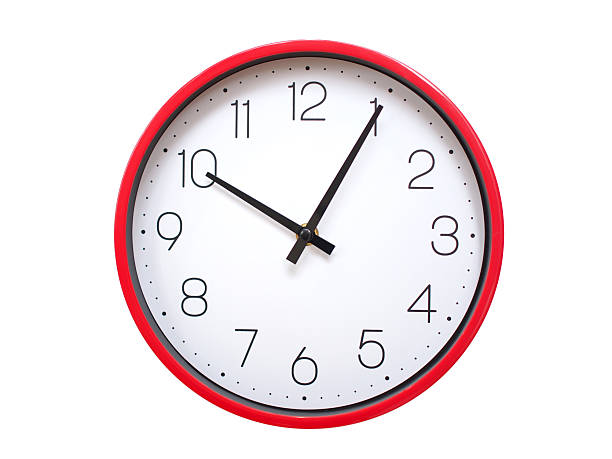 istock Minimalist red framed wall clock pointing at 10:05 or 22:05. Isolated on white background. Concept of time management. 2213521745
