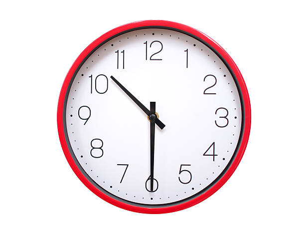 istock Minimalist red framed wall clock pointing at 10:30 or 22:30. Isolated on white background. Concept of time management. 2213521761
