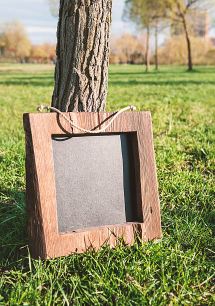 istock Rustic wooden empty chalkboard leans on tree in green grass 2213534570