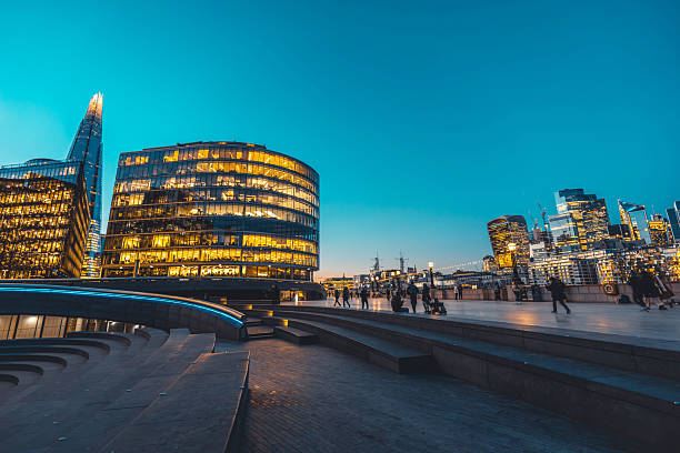Evening cityscape of london featuring illuminated modern buildings and iconic landmarks under a clear sky