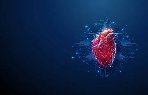 Cœur humain révolutionnaire avec des lignes de circuits électroniques en arrière-plan. Intelligence artificielle, technologie de cardiologie, innovation médicale. Cœur humain révolutionnaire avec des lignes de circuits électroniques en arrière-plan. Intelligence artificielle, technologie de cardiologie, innovation médicale.