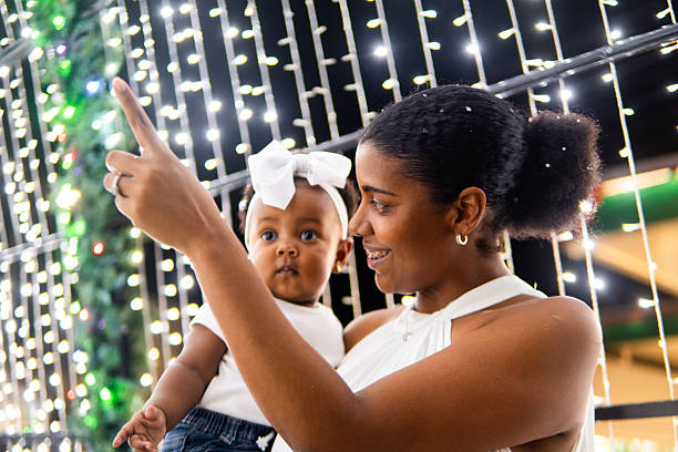Mother and daughter enjoying christmas lights at night