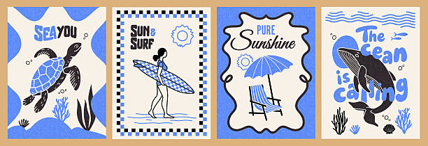 Abstract summer poster or card in doodle style with hand drawn surfer girl with surfboard, whale, sea turtle, sunset in the sea, beach chair and umbrella. Trendy summer design for branding, ads, print