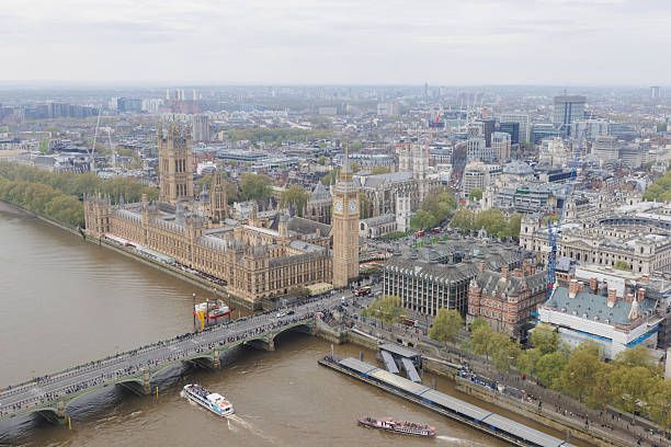 London, UK - August 23, 2015: London cityscape from Golden Jubilee bridge at dusk a cloudy day,. London Eye, Westminster Bridge, Big Ben and Houses of Parliament. 