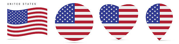 istock United States waving flag, circle badge, heart shaped, map pin. Flat vector illustration isolated 2213554698