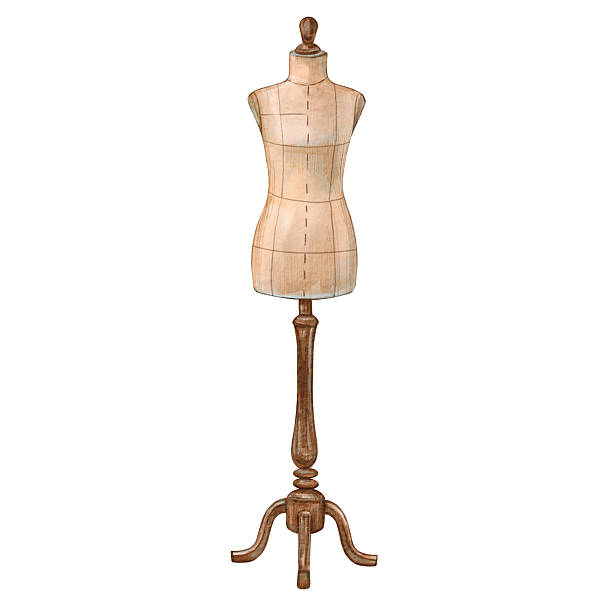 A mannequin made of fabric on a wooden stand in a female form. Watercolor illustration of vintage-style sewing workshop equipment. Reworking things. Suitable for seamstresses, ateliers, blogs