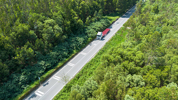 istock Freight truck moving through lush forest road 2213558227