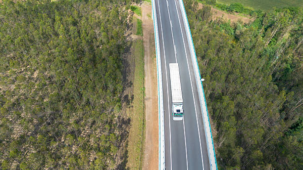 istock Aerial view of truck on elevated highway through forest 2213558398