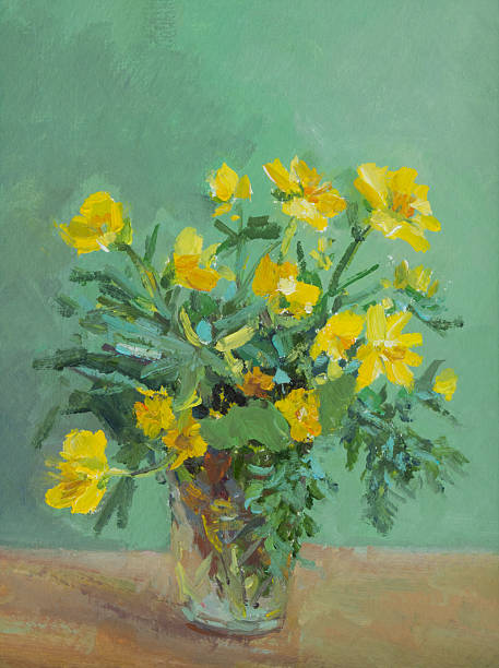 Yellow buttercups oil painting. Vertical art background. A hand-drawn postcard. Beautiful summer bouquet in a vase. Contemporary art. Layout for graphic design. Illustration quick sketch in colors