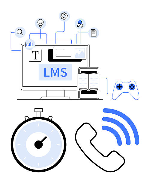 Comprehensive Learning Management System Tools Integrated with Educational and Communication Features Learning management system on a computer screen book on a tablet, stopwatch, phone, and gaming controller. Ideal for education, e-learning, technology, online courses, time management educational technology abstract stock illustrations