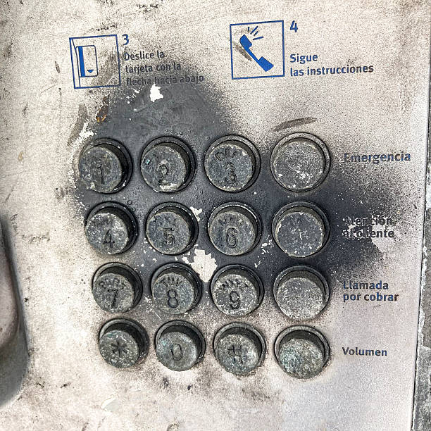 Close up view of dirty public telephone keys in a suburb of Caracas city