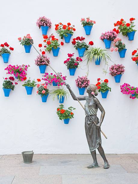Cordoba, spain - may 5th 2025: vibrant blue flower pots with colorful blooms create a striking display on a white wall in cordoba's famous patio festival