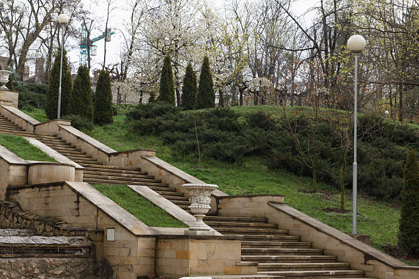 Elegant stone staircase with ornamental urn and lampposts in a lush green park setting, surrounded by blooming trees and manicured shrubs