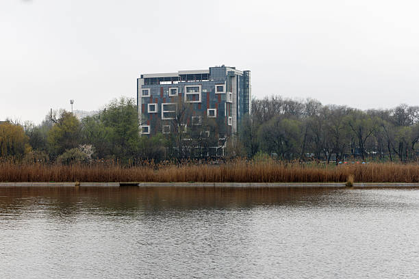 Contemporary building with square windows stands behind leafless trees and lake in overcast weather, symbolizing urban and natural contrast