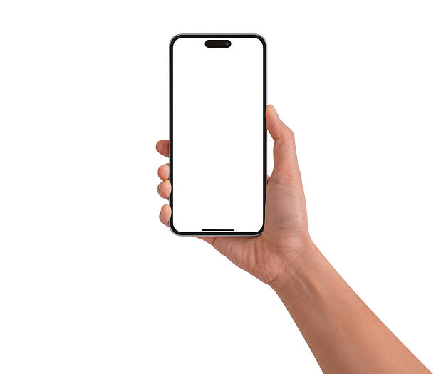 istock Hand showing smartphone with blank screen isolated on white background. High quality studio shot. Concept for technology, business, finance and advertising. 2213565506