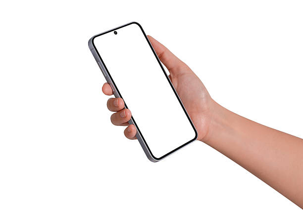 istock Hand showing smartphone with blank screen isolated on white background. High quality studio shot. Concept for technology, business, finance and advertising. 2213565510