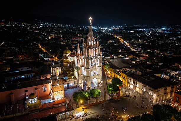 Aerial view of San Miguel Mexico at night time.
