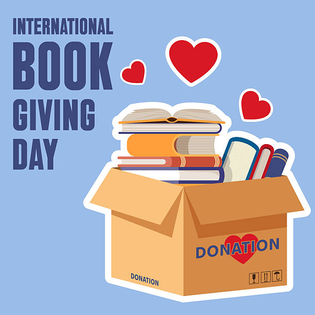 istock Cardboard box filled with donates of books. Educational knowledge donation concept. Vector Illustration of Cartoon cardboard donation box to International Book Giving Day. 2213568628