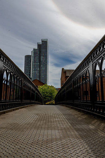 A photograph of one of the intricately designed ornate bridges that crosses the Bridgewater Canal in Castlefield, in downtown Manchester, Northwest England. The photograph shows several skyscrapers in the distance.