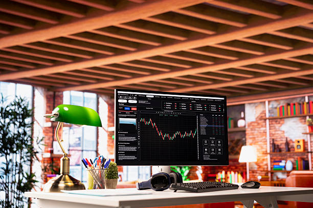 Candlestick chart on PC monitor on home office desk