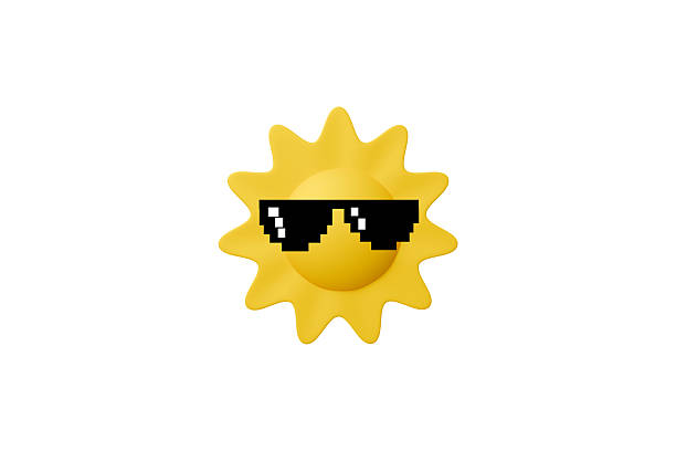 3D model yellow sun in pixel sunglasses, sun and weather, hot sun