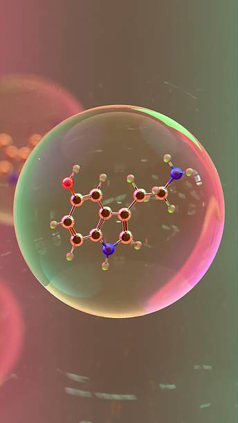 istock Highly detailed molecular structure of Serotonin molecule with visible atomic bonds and color-coded atoms on blurred scientific background, conceptual 3D render for chemistry and biochemistry visualization 2213576123