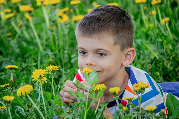 Boy on a dandelion meadow. dandelions