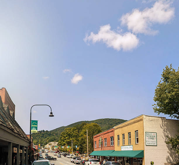 Boone, NC - USA - 09-09-2024: Shops and restaurants in downtown Boone with Mast General Store on the right