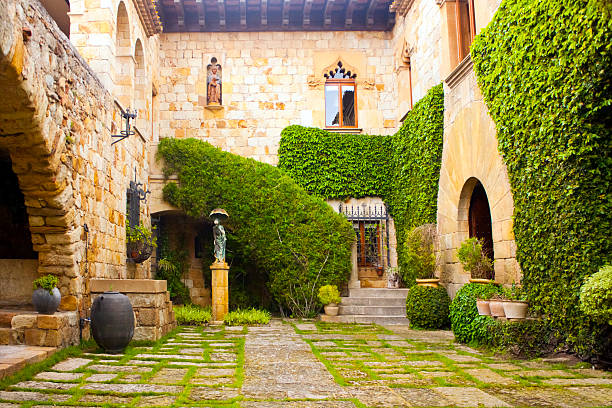Street view with garden  in Pals, Girona, Catalunya, Spain.