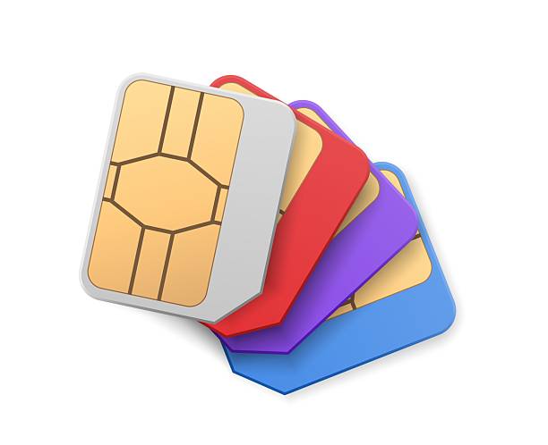 istock Sim cards different colors folded like a fan 3D vector, GSM wireless microchip for smartphone subscriber identity module 2213586297