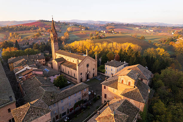 istock Aerial perspective revealing Castelvetro vineyard landscape, presenting historic stone buildings nestled among autumn-hued grapevines in Modena countryside 2213587377