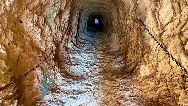 A captivating view of an ancient, mysterious tunnel featuring beautifully textured walls and a bright light at the end