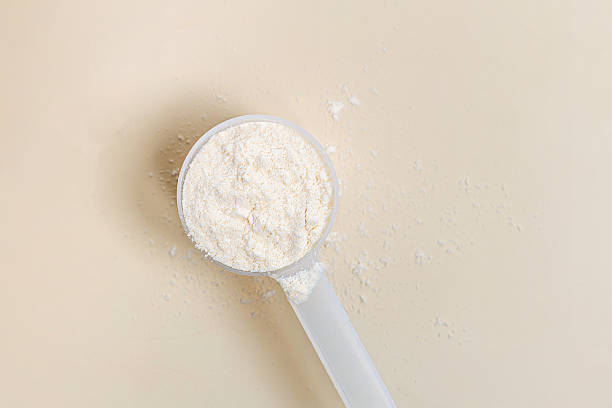 Vanilla protein powder in plastic scoop on neutral background