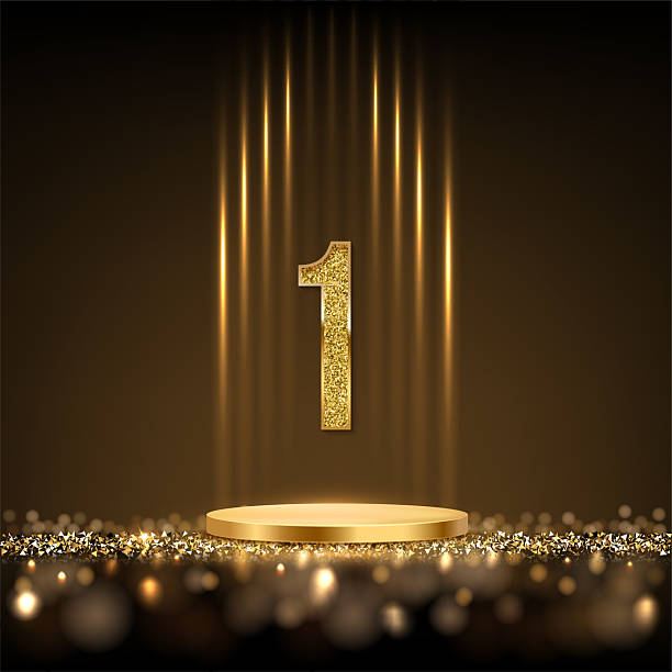 istock Gold award podium with glowing light rays and number 1 isolated on black background with glitter and confetti. Winner ceremony. Abstract vector illustration 2213615397