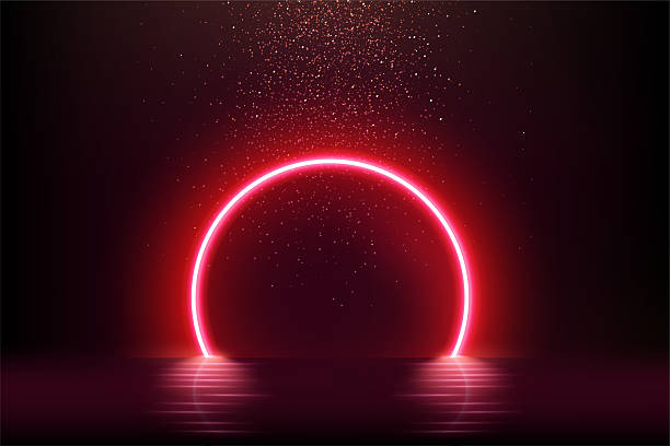 istock Red neon light arch. Light portal. Glowing door in futuristic style with falling glitter effect. Abstract fairy arc with reflection in water under rain of luxury confetti. Vector illustration 2213615399