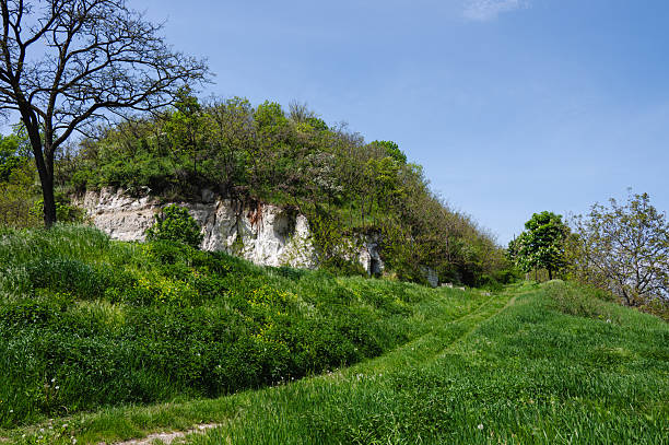 A rugged limestone hillside rises above a grassy meadow, partially covered with bushes and trees, and featuring a small, shadowy cave entrance. The contrast between the bright rock face and surrounding greenery evokes a natural, untouched landscape with hidden depth.
