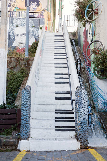 04/05/2025: Valparaíso, Chile. An old staircase with steps painted like piano keys, alongside artistic murals and vegetation. One of the many urban scenes and landscapes in the city, where culture and art abound, blending in every corner of Cerro Concepción.