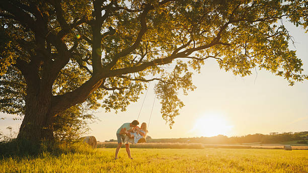 istock Father Pushing Daughter on Swing Under Tree at Sunset in Countryside 2213654252