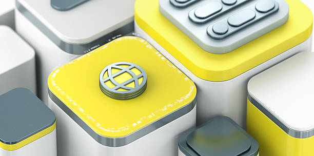 Globe internet icon on yellow isometric background representing global business, communication and technologies