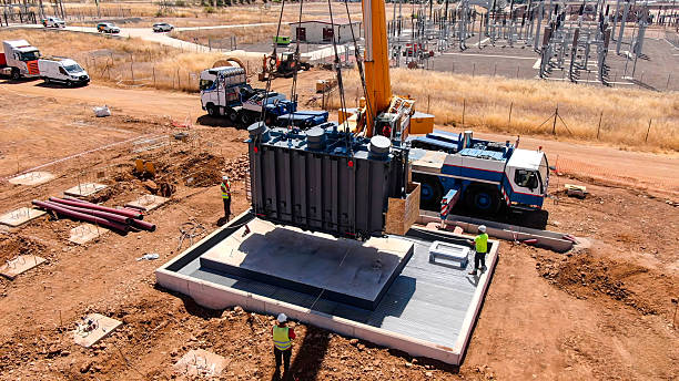 proceso de elevación para el montaje de transformadores eléctricos en campos de paneles solares - transformador eléctrico fotografías e imágenes de stock